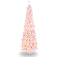 Goplus 7ft Pink Snow Flocked Pre-Lit Pencil Christmas Tree